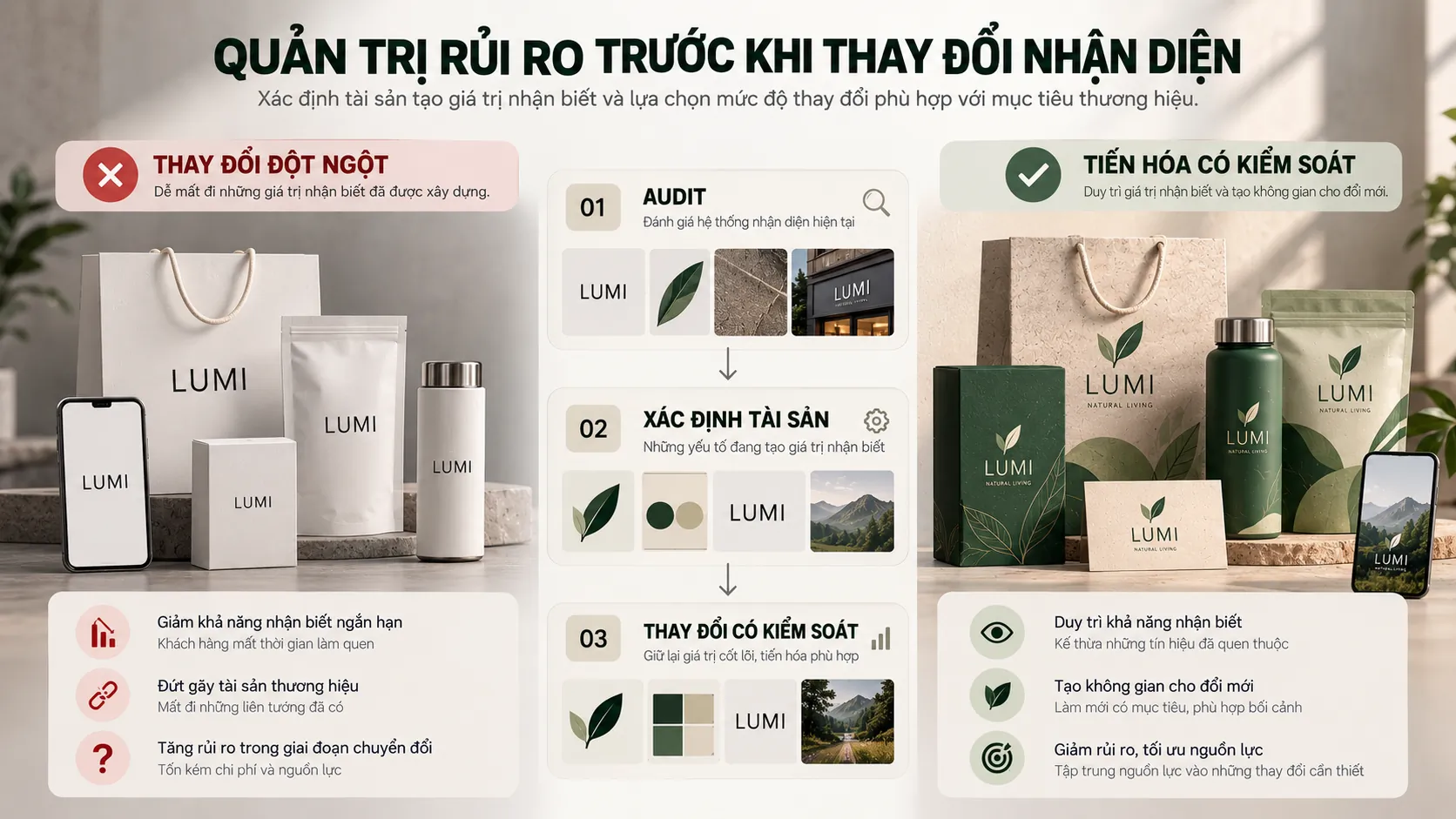 So sánh thay đổi nhận diện đột ngột với quá trình audit và tiến hóa có kiểm soát