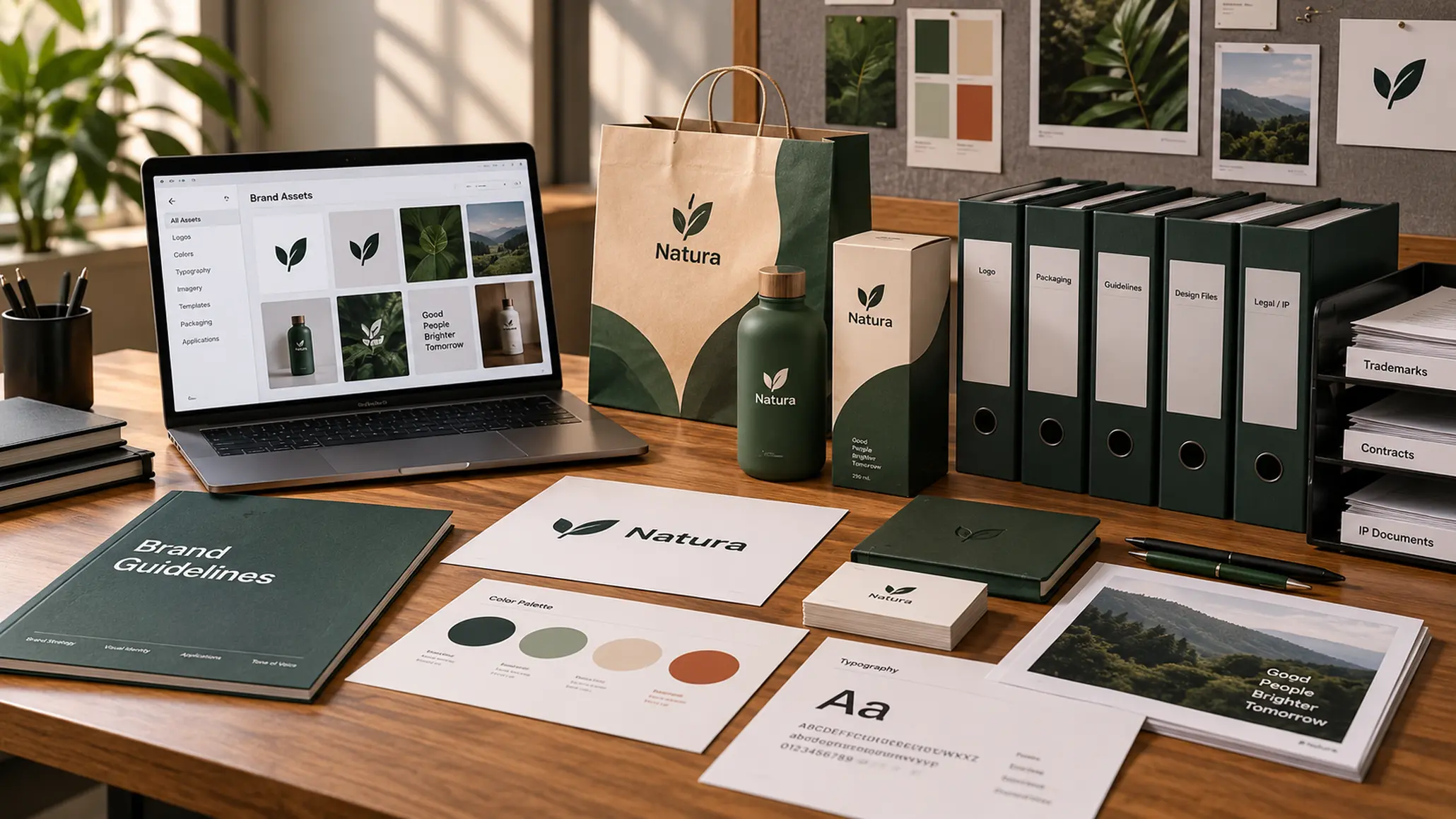 Hệ thống logo, bao bì và tài liệu thương hiệu được sắp xếp trong không gian làm việc