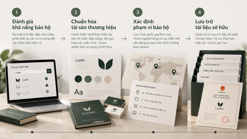Sơ đồ bốn bước từ đánh giá khả năng bảo hộ đến chuẩn hóa, xác định phạm vi và lưu trữ tài liệu.