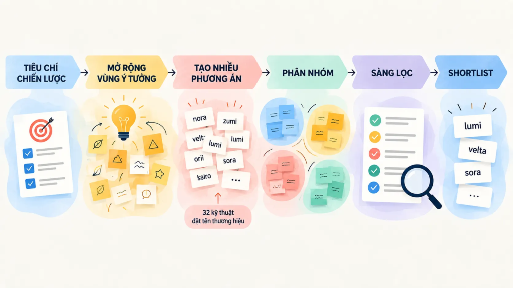 Sơ đồ quy trình từ tiêu chí chiến lược qua sáng tạo, phân nhóm và sàng lọc đến danh sách tên rút gọn.