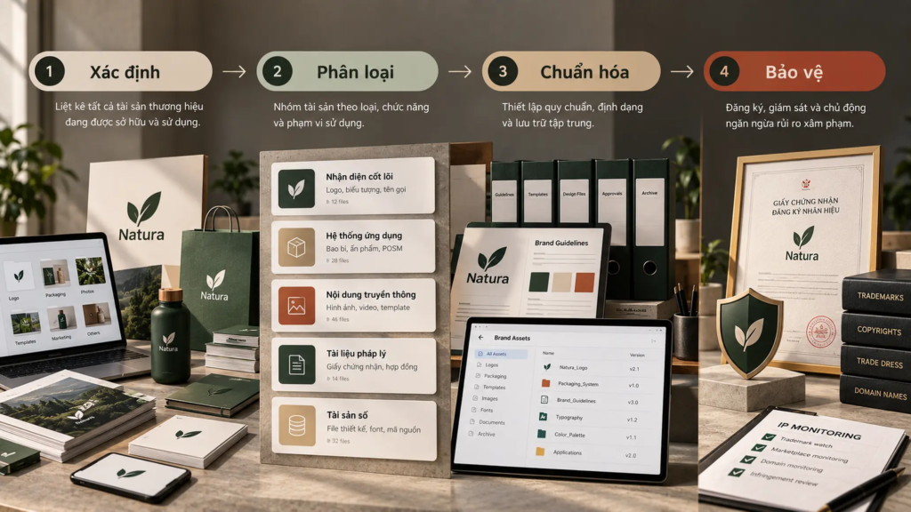 Sơ đồ bốn bước xác định, phân loại, chuẩn hóa và bảo vệ tài sản thương hiệu