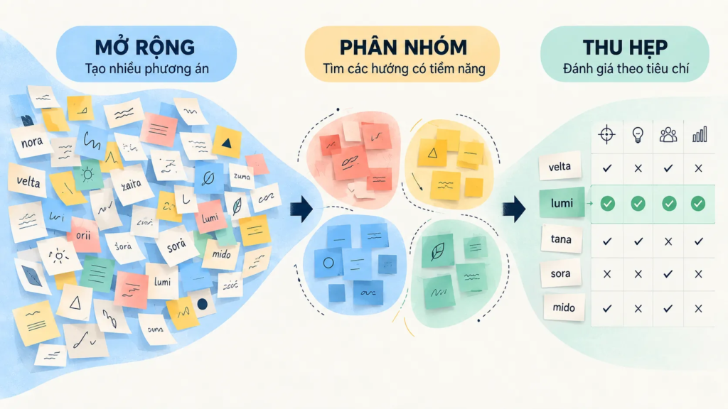 Sơ đồ ba giai đoạn mở rộng ý tưởng, phân nhóm phương án và thu hẹp danh sách tên thương hiệu.