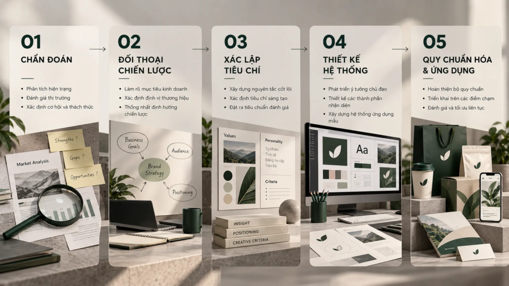 Quy trình năm bước từ chẩn đoán đến quy chuẩn hóa hệ thống nhận diện thương hiệu
