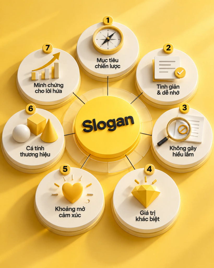 Bảy tiêu chuẩn chiến lược dùng để đánh giá khả năng của một slogan thương hiệu.