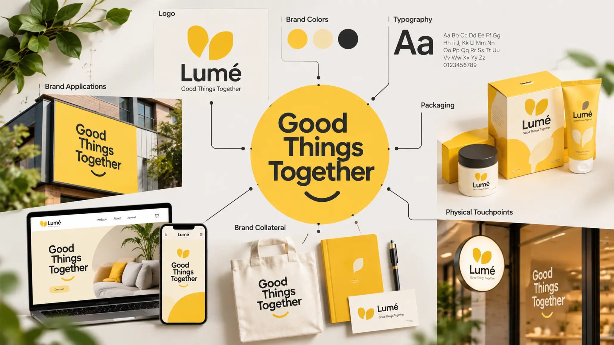 Hệ thống nhận diện thương hiệu với slogan là điểm neo ngôn từ trung tâm.