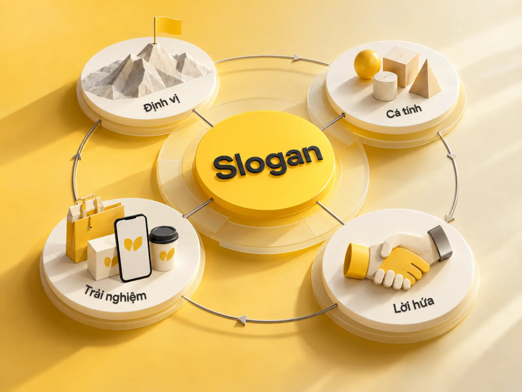 Sơ đồ thể hiện slogan kết nối định vị, cá tính, lời hứa và trải nghiệm thương hiệu.