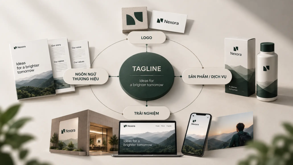 Sơ đồ cho thấy tagline liên kết với nhận diện, thông điệp và trải nghiệm thương hiệu