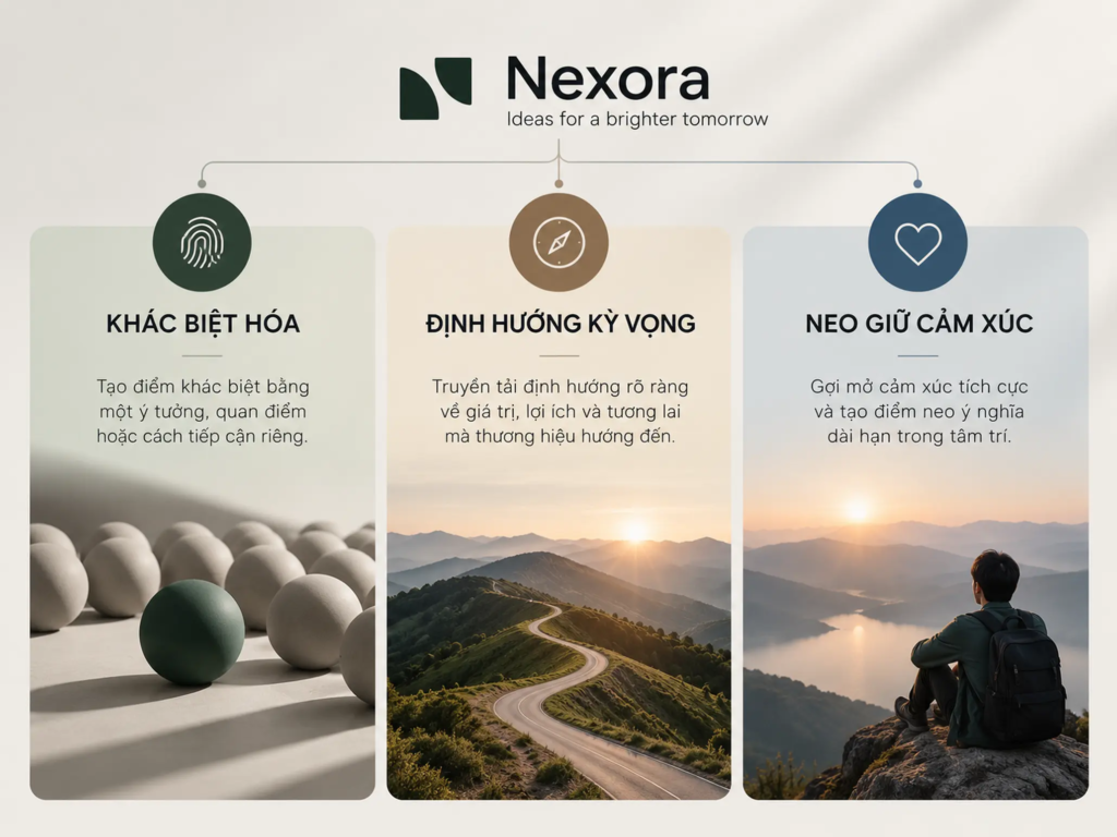 Sơ đồ ba vai trò của tagline gồm khác biệt hóa, định hướng kỳ vọng và neo giữ cảm xúc