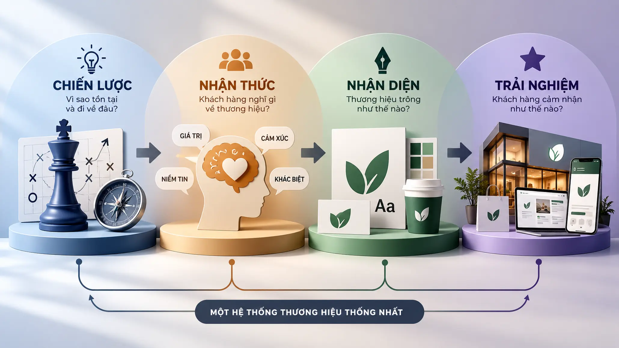 Sơ đồ thể hiện mối liên hệ giữa chiến lược, nhận thức, nhận diện và trải nghiệm thương hiệu.