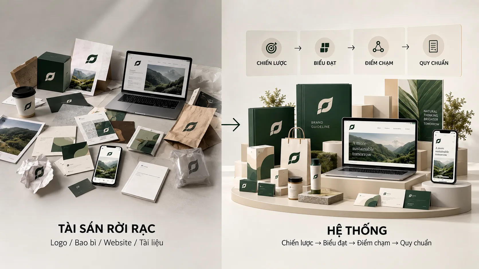 So sánh hệ thống thương hiệu rời rạc với hệ thống được tổ chức nhất quán