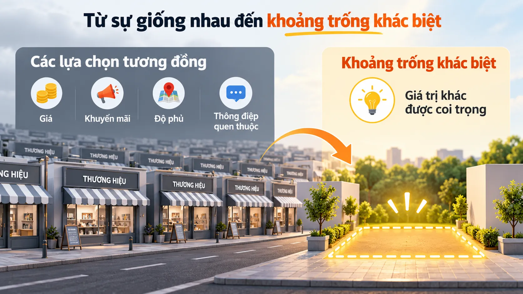 Sơ đồ so sánh nhiều lựa chọn tương đồng với một khoảng trống giá trị khác biệt trong thị trường.