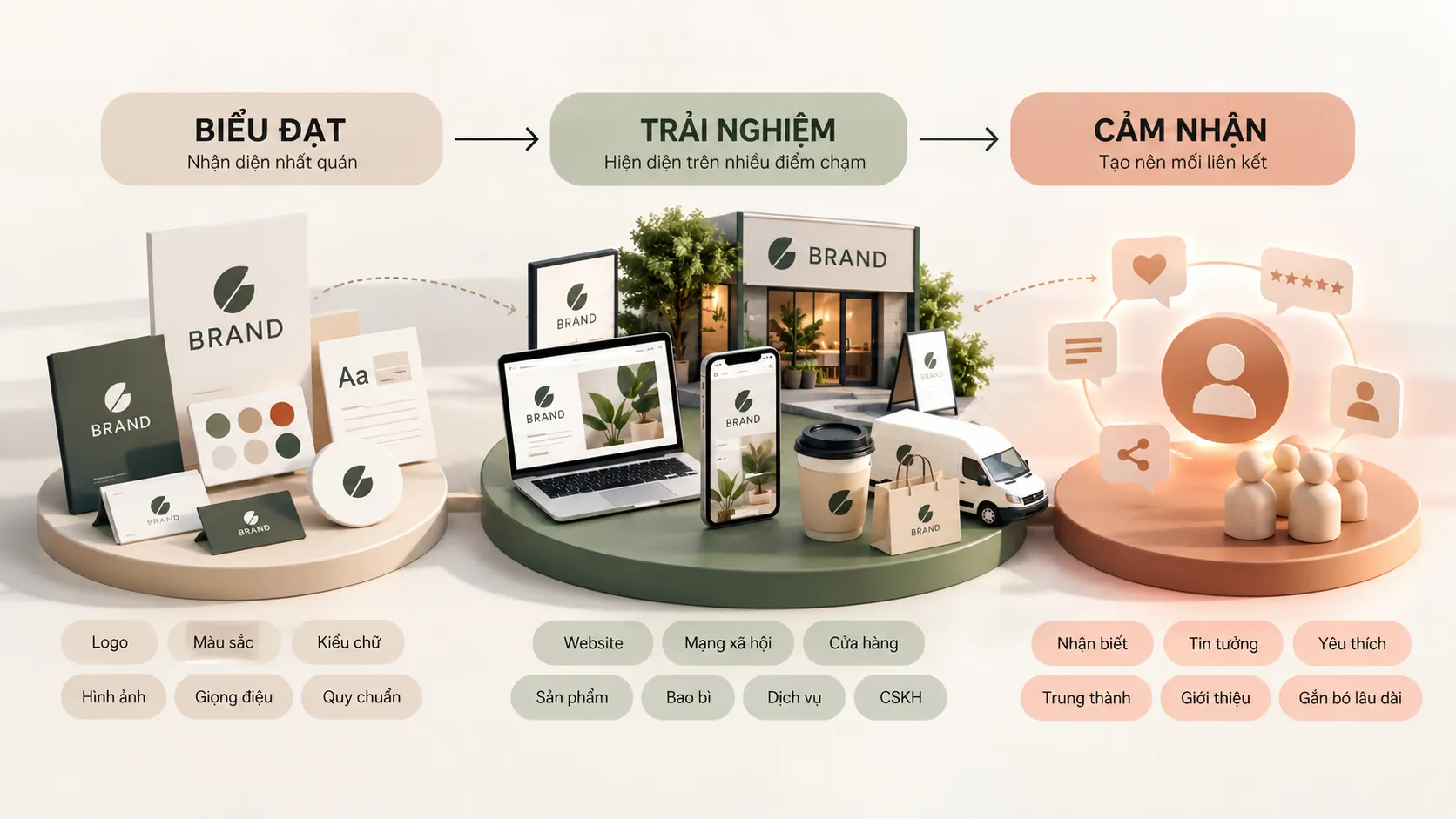 Sơ đồ thương hiệu kết nối nhận diện, trải nghiệm và cảm nhận khách hàng