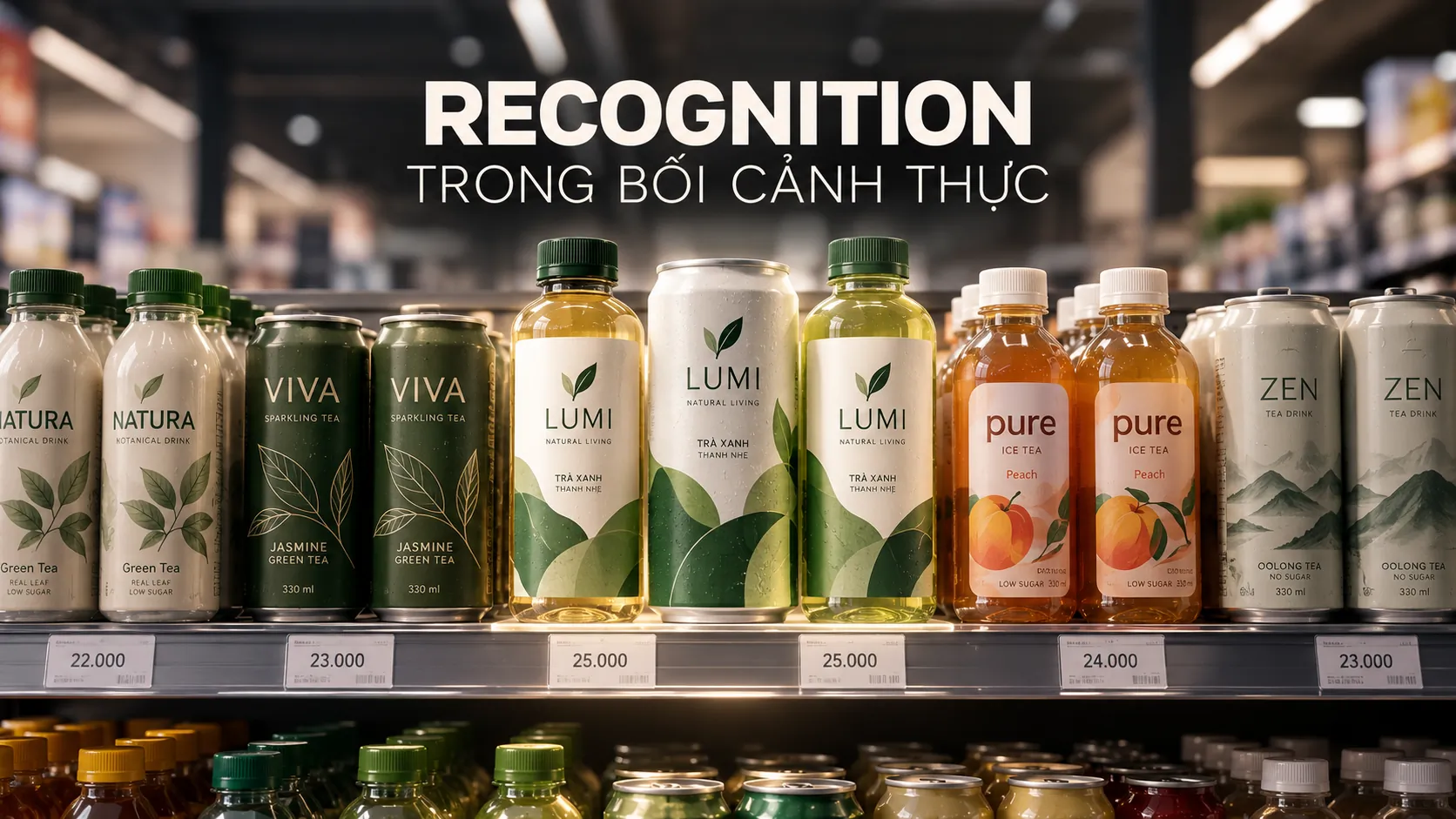 Các bao bì thương hiệu giả định cạnh tranh trên kệ hàng với một hệ thống nhận diện nổi bật