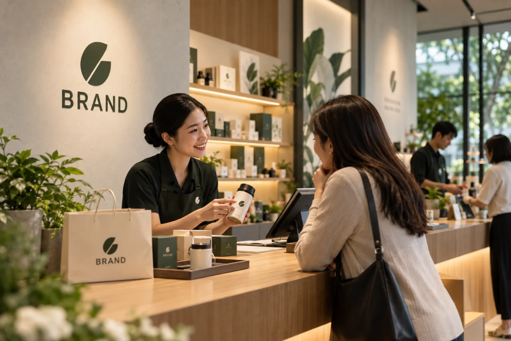 Nhân viên hỗ trợ khách hàng trong một điểm chạm dịch vụ của thương hiệu