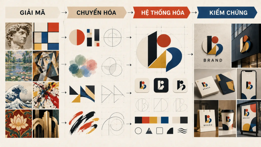 Sơ đồ chuyển hóa nguyên tắc nghệ thuật thành logo và hệ thống nhận diện