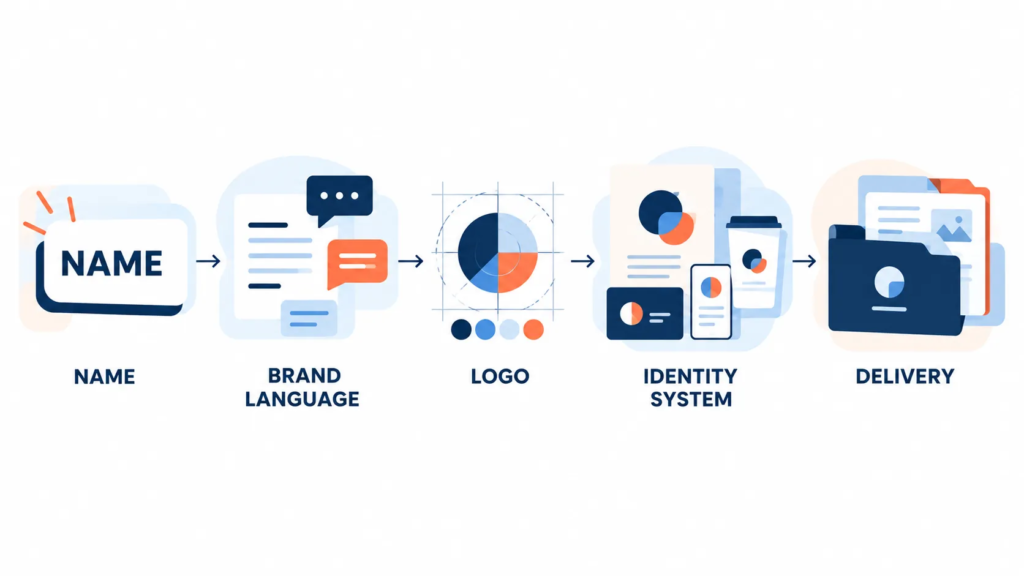 Sơ đồ phát triển từ tên thương hiệu đến ngôn ngữ, logo và hệ thống nhận diện