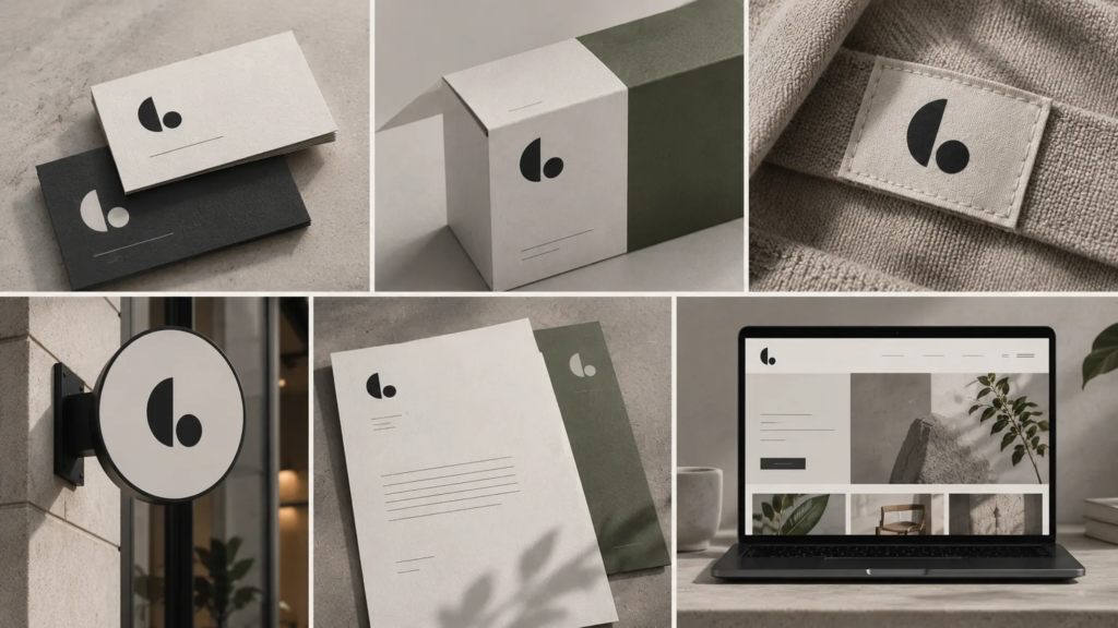 Một hệ thống logo giả định được ứng dụng trên danh thiếp, bao bì, biển hiệu, website và vải.