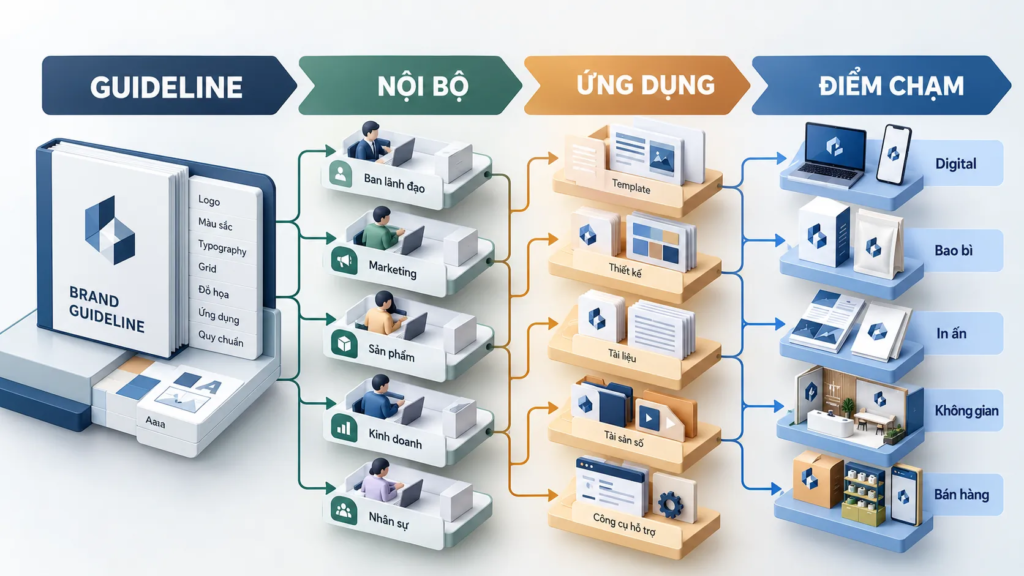 Sơ đồ từ brand guideline đến các phòng ban và điểm chạm nhận diện trong doanh nghiệp