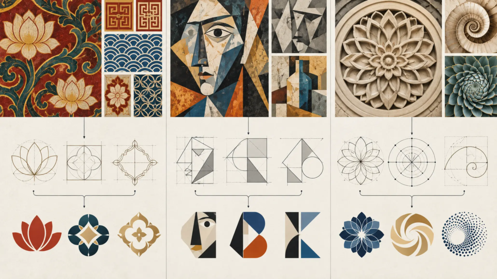 Ba cấu trúc thị giác lấy cảm hứng từ hoa văn, Cubism và đối xứng tâm