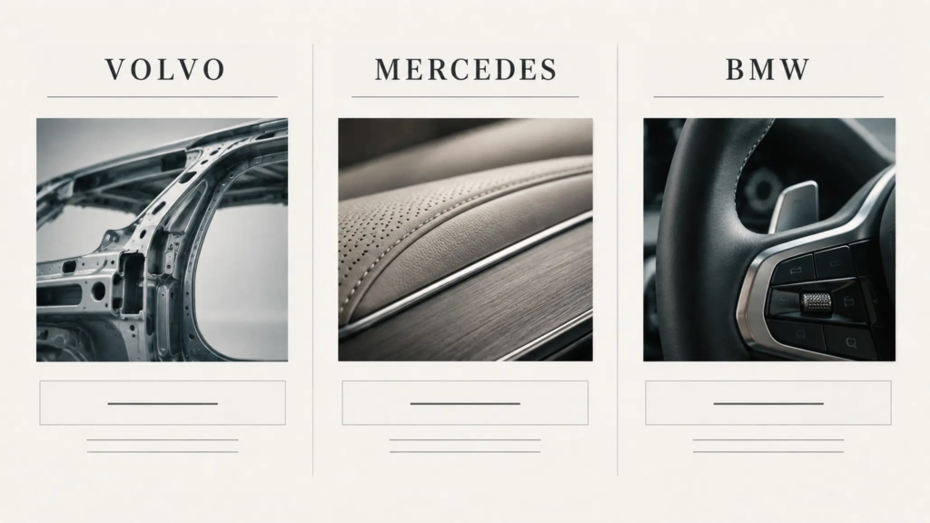 So sánh ba liên tưởng thương hiệu được bài viết nêu: Volvo, Mercedes và BMW.