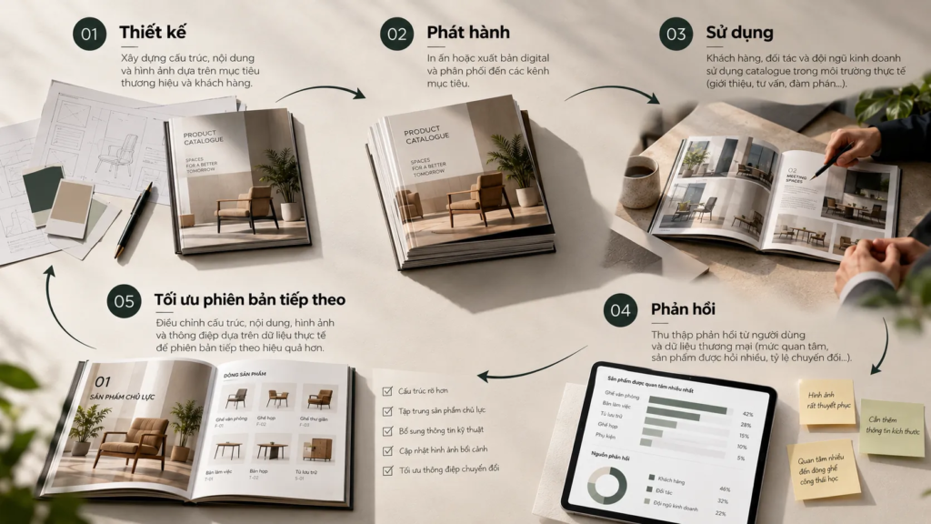 Sơ đồ vòng lặp từ thiết kế catalogue đến sử dụng, phản hồi, kết quả và phiên bản tiếp theo
