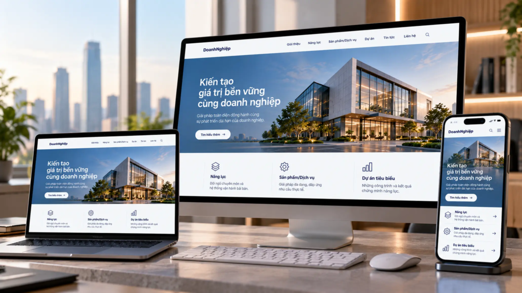 Giao diện website doanh nghiệp được thể hiện nhất quán trên máy tính và thiết bị di động.