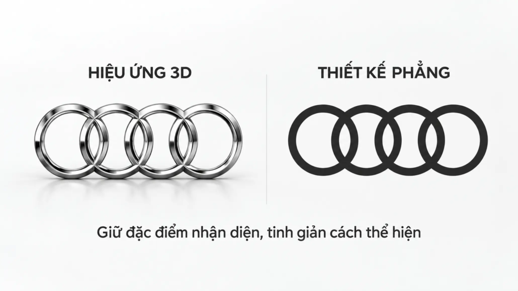 So sánh cách thể hiện logo Audi bằng hiệu ứng kim loại ba chiều và đồ họa phẳng, tập trung vào cấu trúc bốn vòng tròn.
