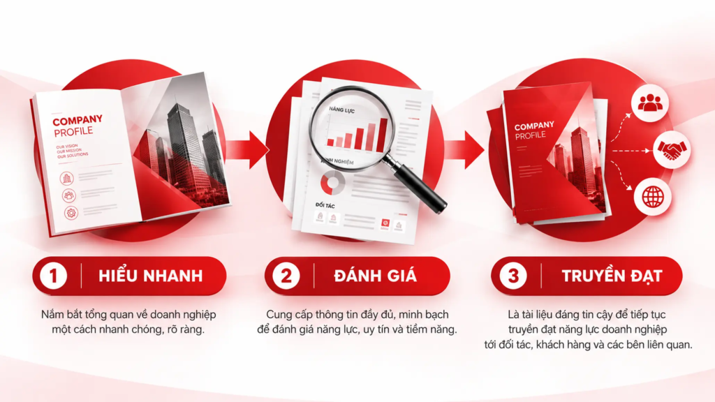 Sơ đồ ba chức năng của Profile doanh nghiệp gồm hiểu nhanh, đánh giá và truyền đạt