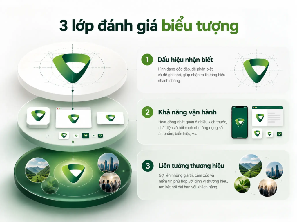 Sơ đồ ba lớp đánh giá logo gồm khả năng nhận biết, vận hành và tạo liên tưởng thương hiệu.