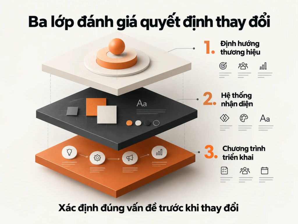 Sơ đồ ba lớp gồm định hướng thương hiệu, hệ thống nhận diện và chương trình triển khai để đánh giá quyết định thay đổi.