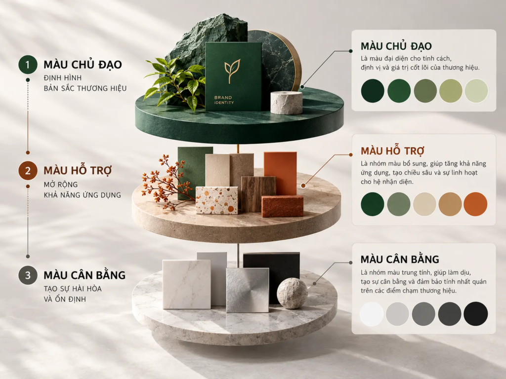 Sơ đồ ba lớp gồm màu chủ đạo, màu hỗ trợ và màu cân bằng trong nhận diện.