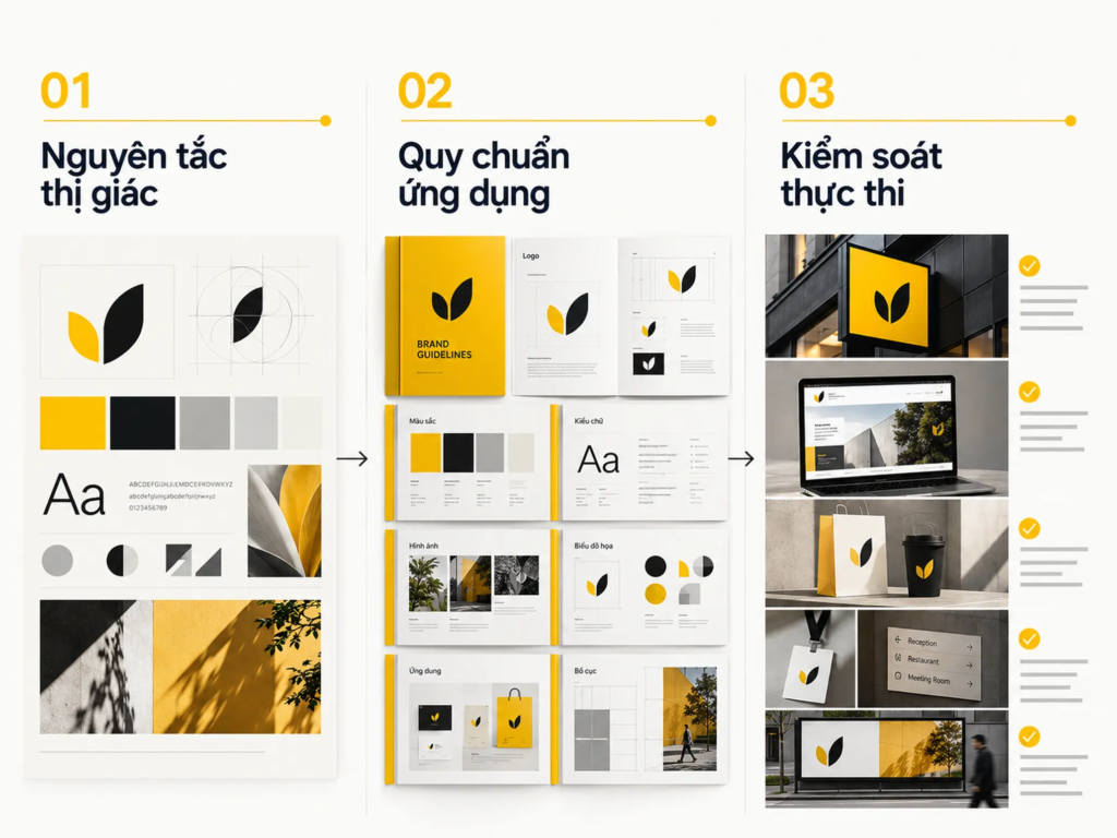 Sơ đồ ba lớp gồm nguyên tắc thị giác, quy chuẩn ứng dụng và kiểm soát thực thi trong hệ thống nhận diện.