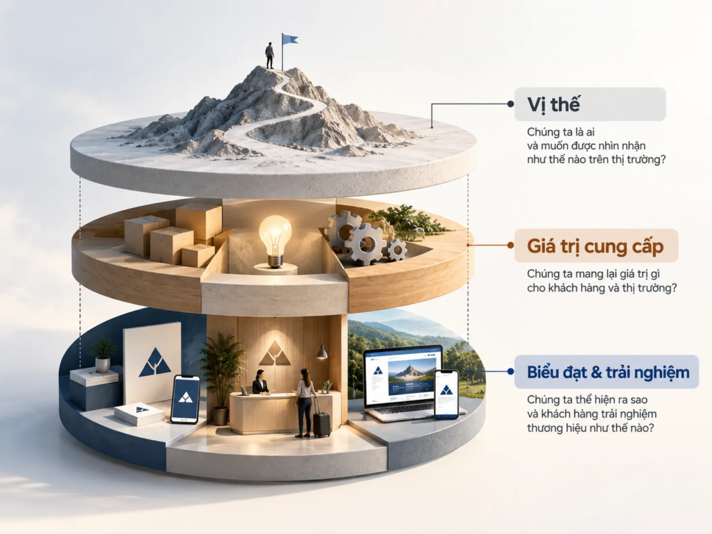 Sơ đồ ba lớp gồm vị thế, giá trị cung cấp và biểu đạt trải nghiệm trong tái định vị.