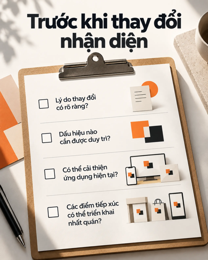 Bảng kiểm bốn câu hỏi về lý do thay đổi, dấu hiệu nhận biết, cải thiện ứng dụng và tính nhất quán khi triển khai nhận diện.