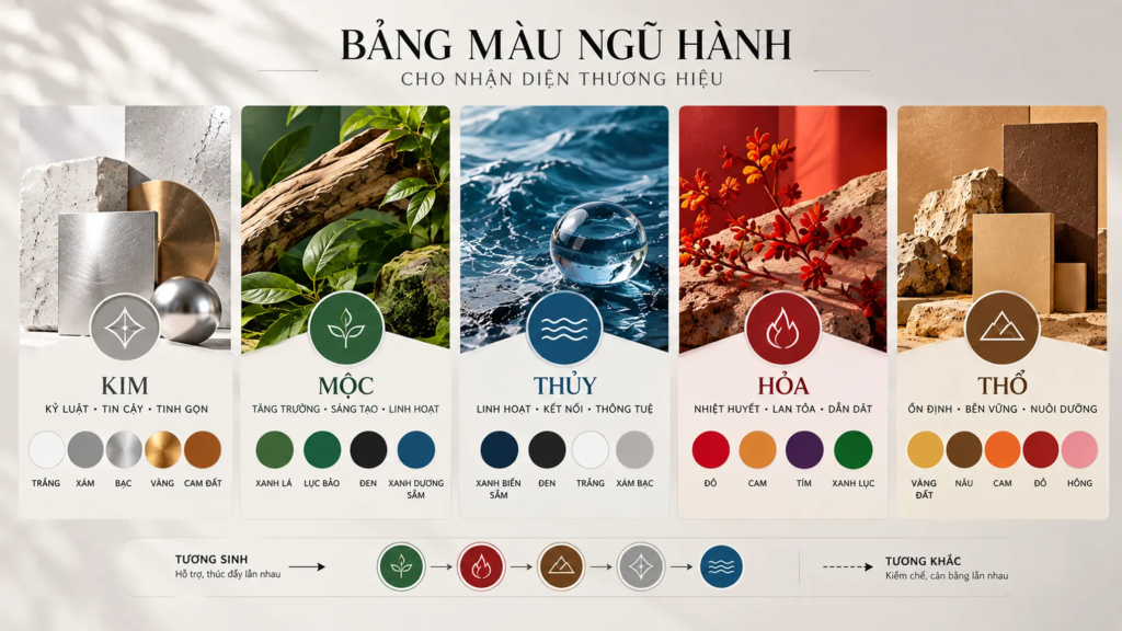 Bảng tham chiếu màu sắc của Kim, Mộc, Thủy, Hỏa và Thổ trong nhận diện.
