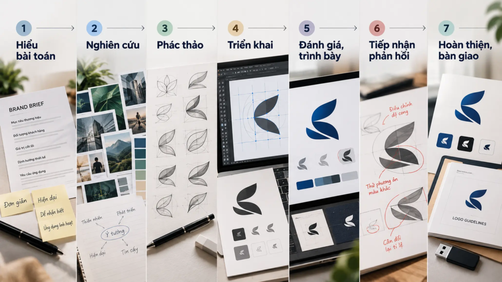 Sơ đồ bảy giai đoạn thiết kế logo từ xác định bài toán và nghiên cứu đến chỉnh sửa, hoàn thiện và bàn giao.