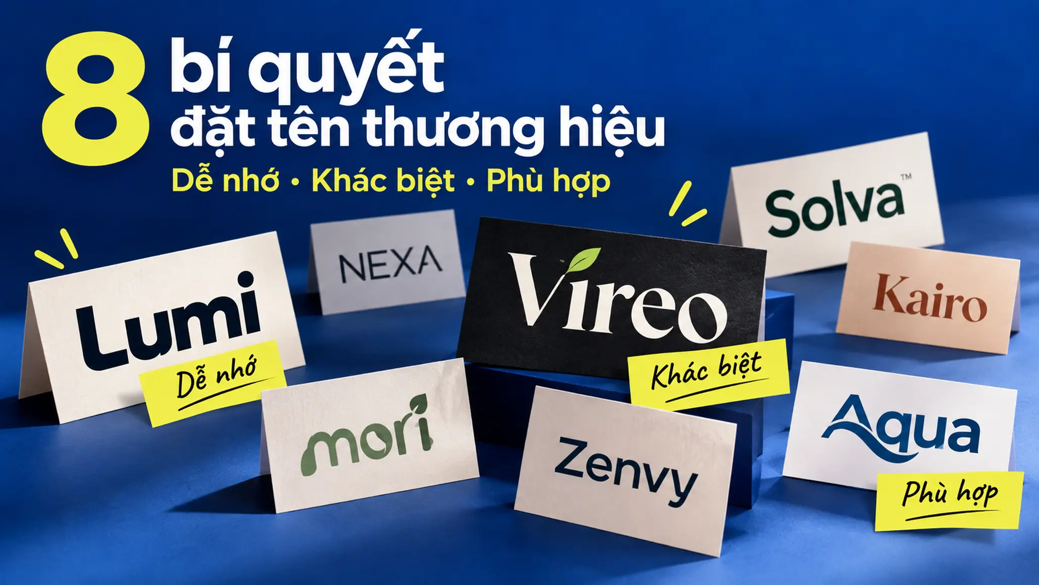 Minh họa tám bí quyết đặt tên thương hiệu tập trung vào khả năng ghi nhớ, sự khác biệt và mức độ phù hợp.