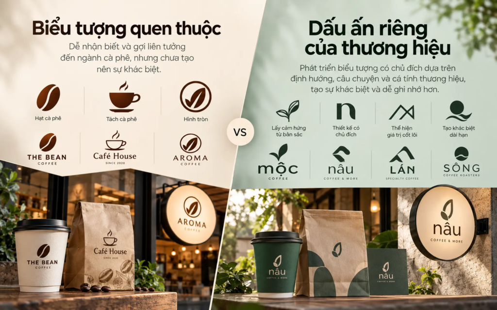 So sánh biểu tượng cafe phổ biến như hạt cà phê, tách cà phê với hướng xây dựng dấu ấn riêng.