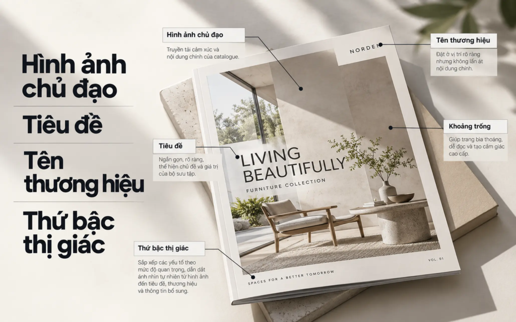 Trang bìa catalogue thể hiện hình ảnh chủ đạo, tiêu đề, tên thương hiệu và thứ bậc thị giác.