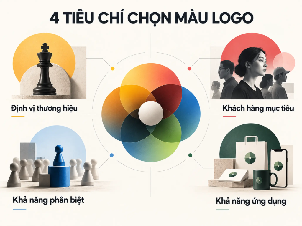 Sơ đồ bốn tiêu chí đánh giá màu logo gồm định vị thương hiệu, khách hàng, khả năng phân biệt và ứng dụng.
