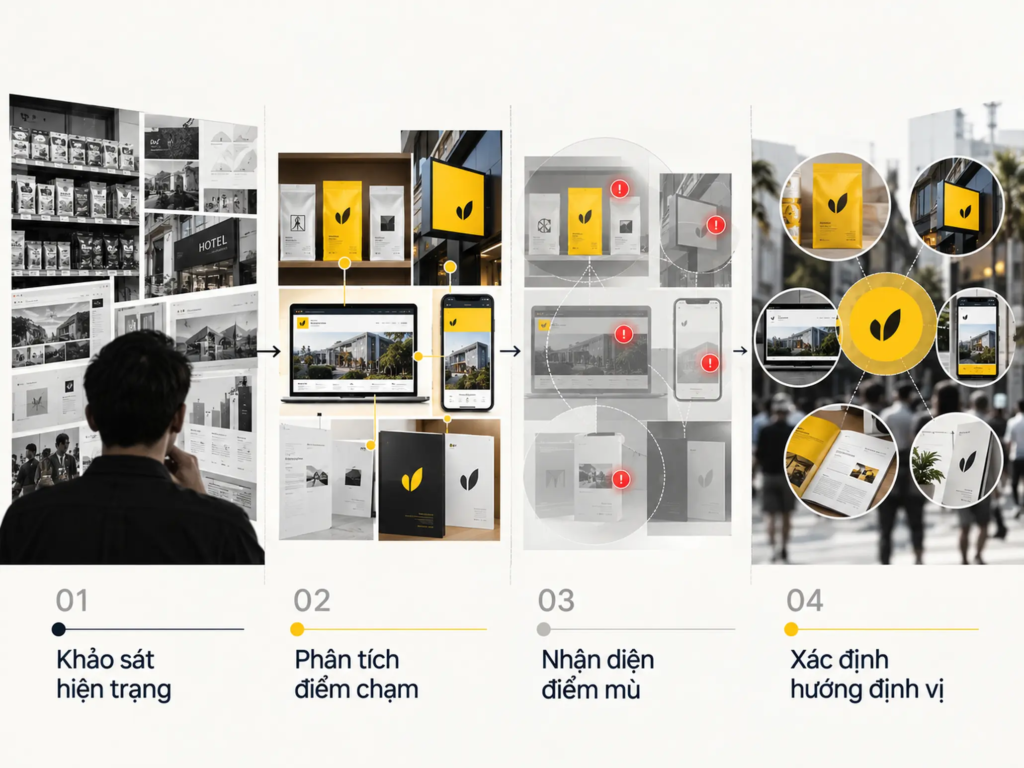 Minh họa việc đánh giá nhận diện trên bao bì, biển hiệu, website và tài liệu bán hàng trong môi trường cạnh tranh.
