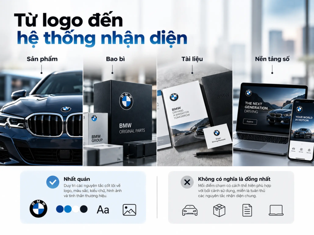 Sơ đồ triển khai logo trên sản phẩm, bao bì, tài liệu và nền tảng số theo nguyên tắc nhận diện nhất quán.