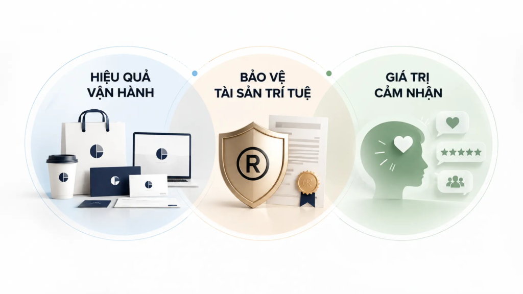 Sơ đồ ba khía cạnh giá trị của hệ thống nhận diện thương hiệu gồm hiệu quả vận hành, bảo vệ tài sản trí tuệ và giá trị cảm nhận.