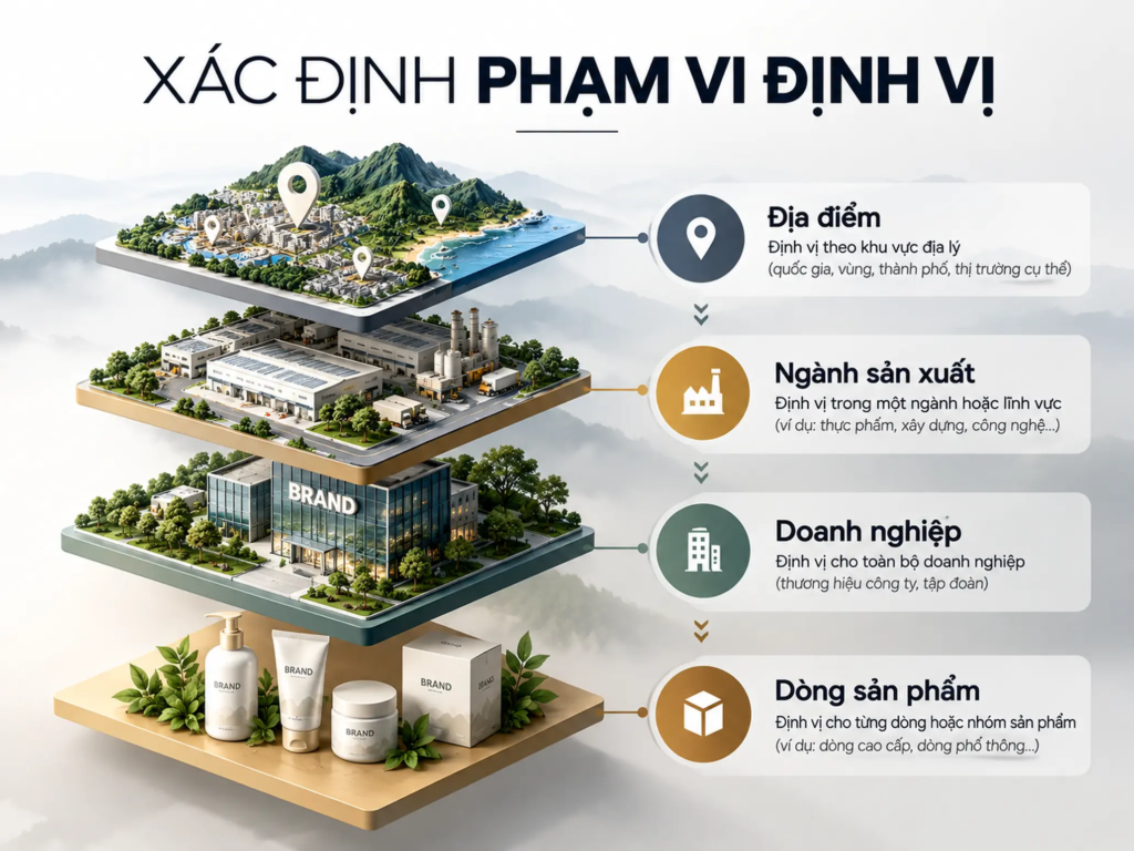 Sơ đồ các cấp độ định vị gồm địa điểm, ngành sản xuất, doanh nghiệp và dòng sản phẩm.