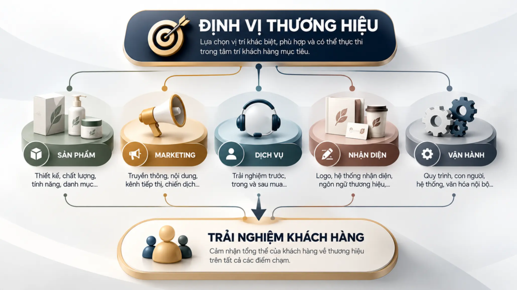 Sơ đồ chuyển hóa định vị thương hiệu thành sản phẩm, marketing, dịch vụ, nhận diện và trải nghiệm.