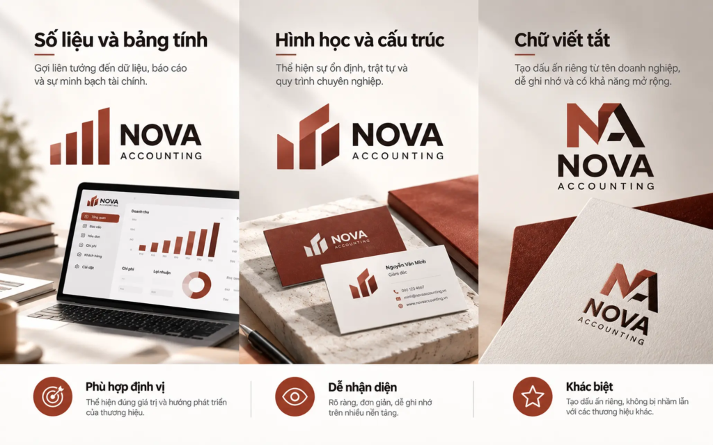 Ba hướng biểu tượng logo kế toán gồm hình ảnh số liệu, hình học có cấu trúc và chữ viết tắt tên doanh nghiệp.