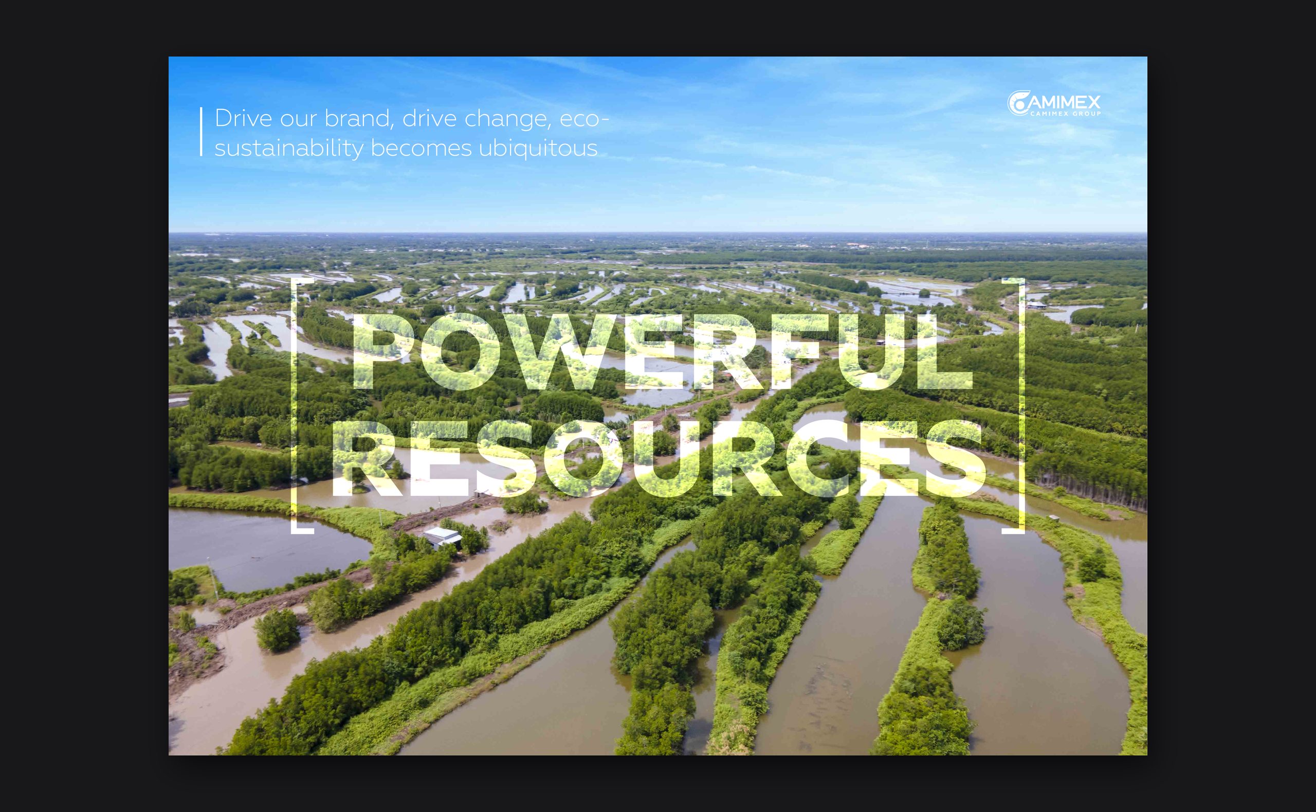 Trang Powerful Resources trong hồ sơ năng lực CAMIMEX, vùng nuôi tôm sinh thái nhìn từ trên cao