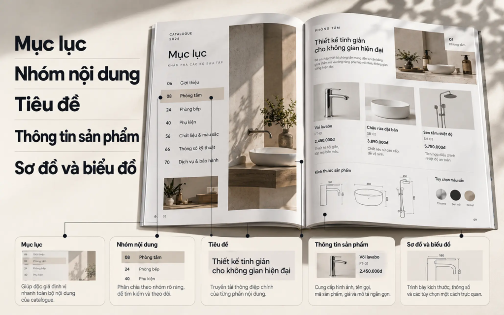 Sơ đồ cấu trúc catalogue thể hiện mục lục, nhóm nội dung, tiêu đề và vị trí của sơ đồ hoặc biểu đồ.