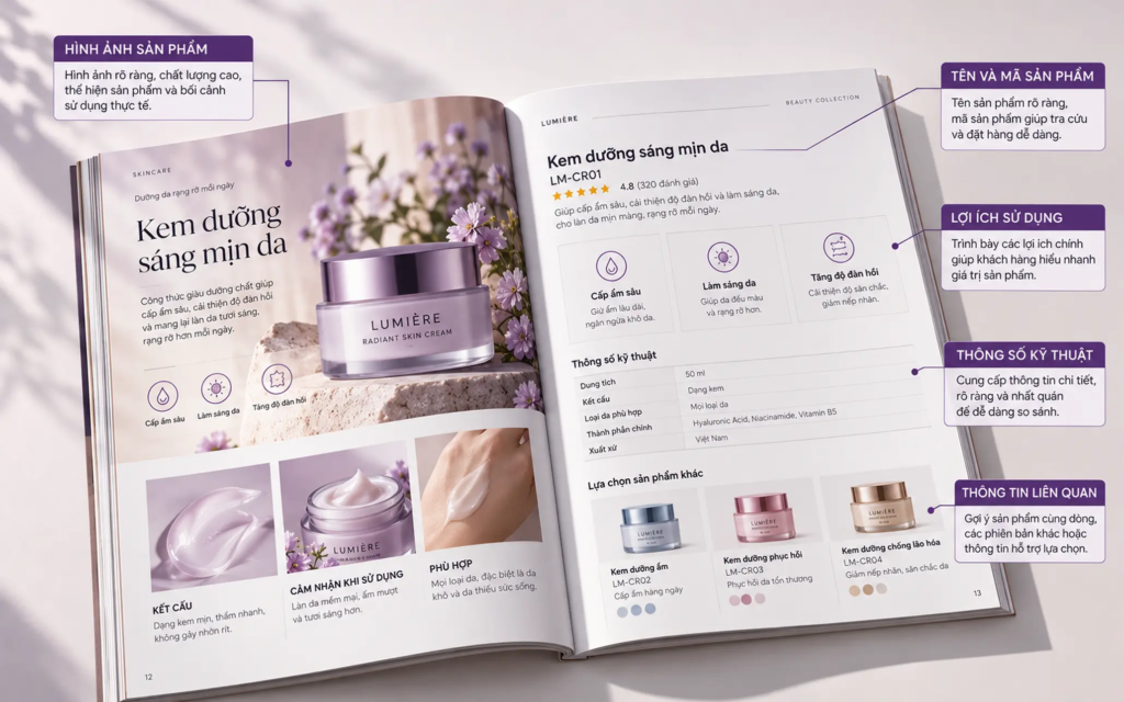 Minh họa một trang catalogue phân chia rõ hình ảnh, tên sản phẩm, lợi ích sử dụng và thông số kỹ thuật.