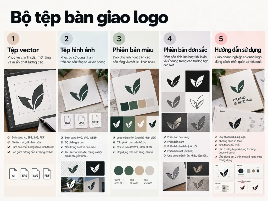 Bảng kiểm các tệp logo vector, hình ảnh, phiên bản màu và tài liệu hướng dẫn sử dụng.
